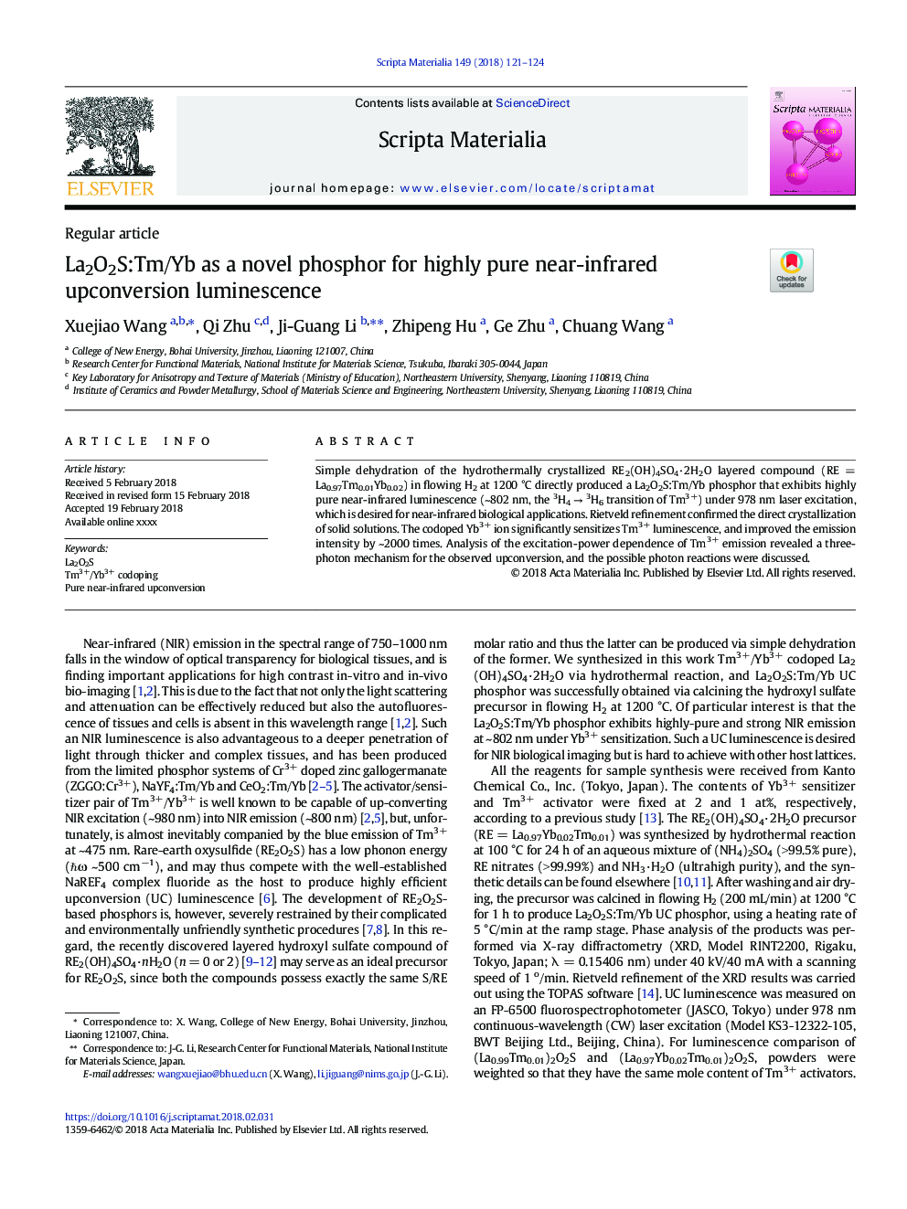 La2O2S:Tm/Yb as a novel phosphor for highly pure near-infrared upconversion luminescence