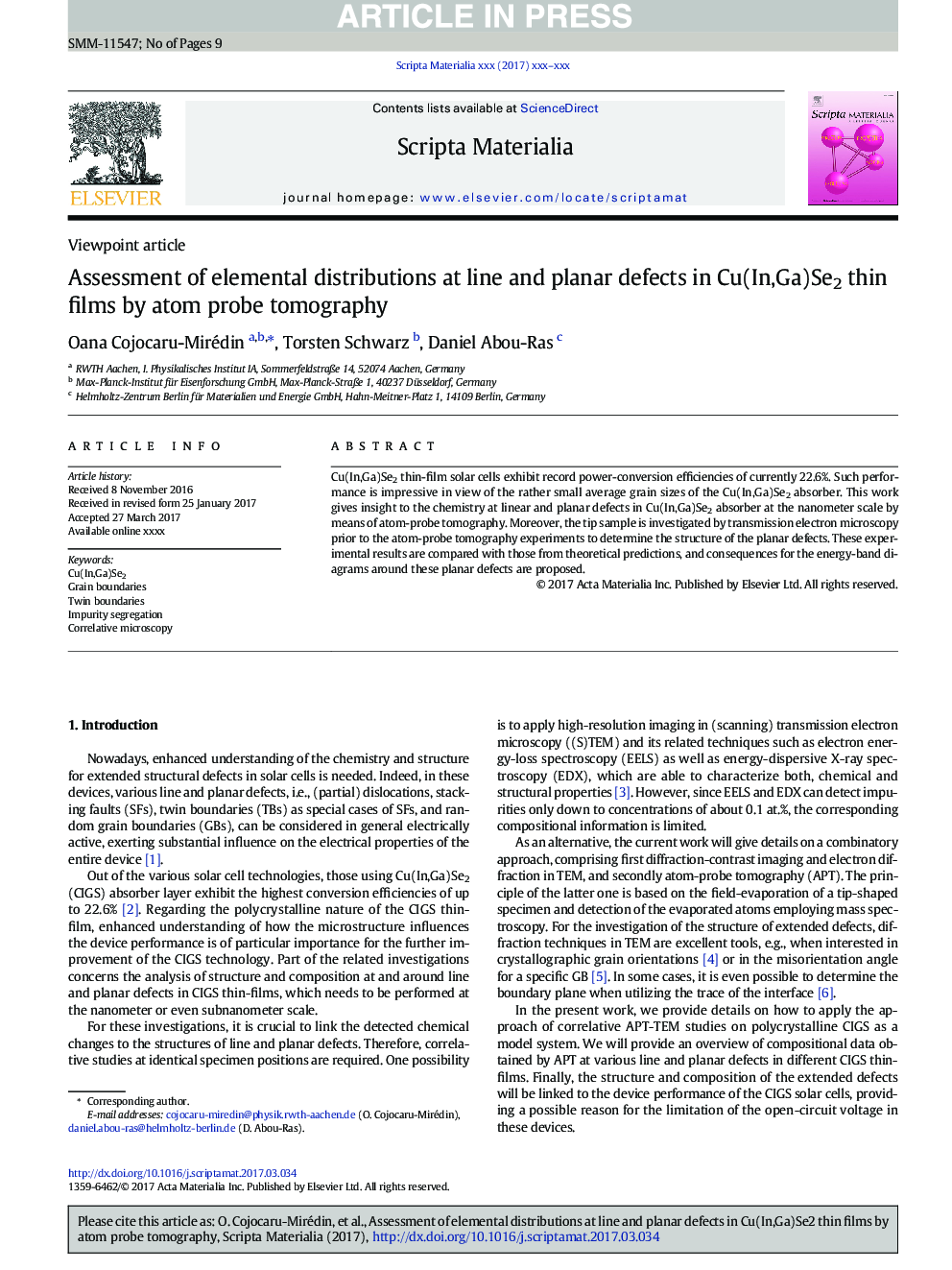 Assessment of elemental distributions at line and planar defects in Cu(In,Ga)Se2 thin films by atom probe tomography