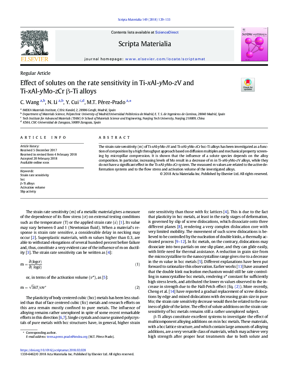 عکس صفحه اول مقاله: Effect of solutes on the rate sensitivity in Ti-xAl-yMo-zV and Ti-xAl-yMo-zCr β-Ti alloys Effect of solutes on the rate sensitivity in Ti-xAl-yMo-zV and Ti-xAl-yMo-zCr β-Ti alloys