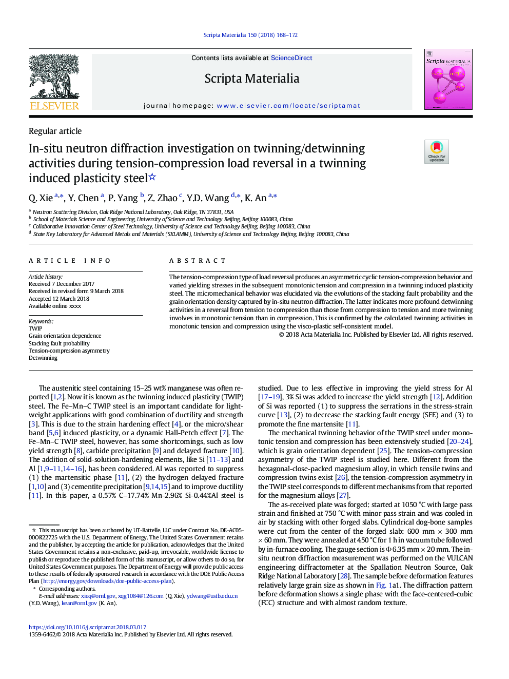 In-situ neutron diffraction investigation on twinning/detwinning activities during tension-compression load reversal in a twinning induced plasticity steel