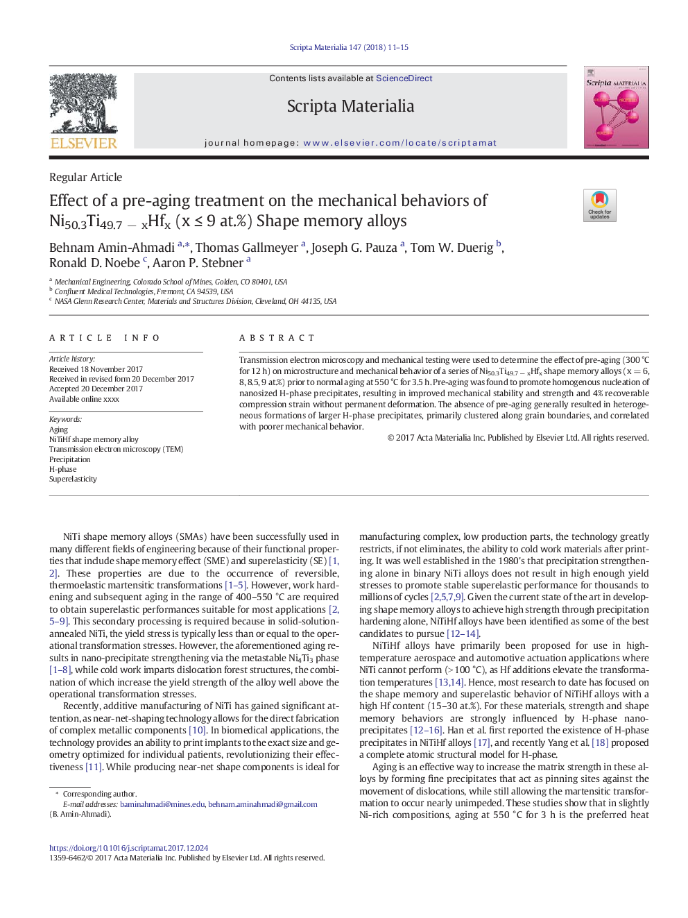 Effect of a pre-aging treatment on the mechanical behaviors of Ni50.3Ti49.7Â âÂ xHfx (xÂ â¤Â 9Â at.%) Shape memory alloys