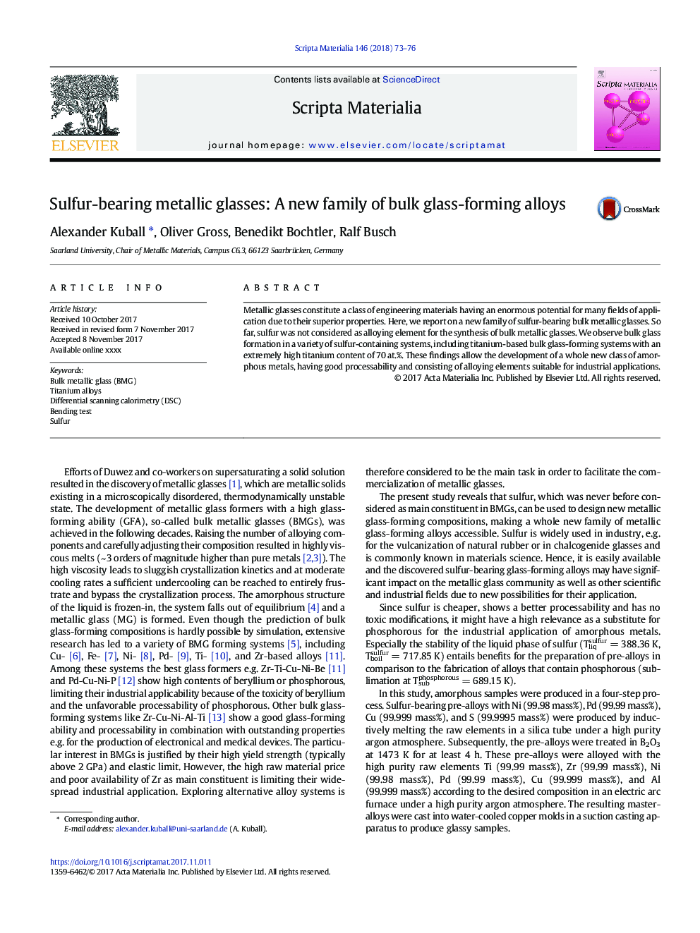 Sulfur-bearing metallic glasses: A new family of bulk glass-forming alloys