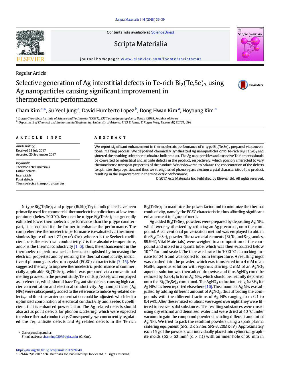 Selective generation of Ag interstitial defects in Te-rich Bi2(Te,Se)3 using Ag nanoparticles causing significant improvement in thermoelectric performance