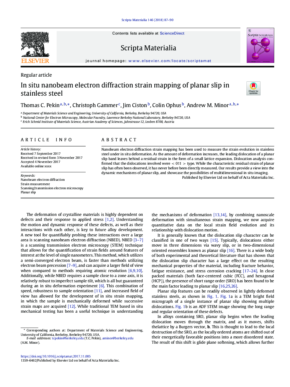 In situ nanobeam electron diffraction strain mapping of planar slip in stainless steel