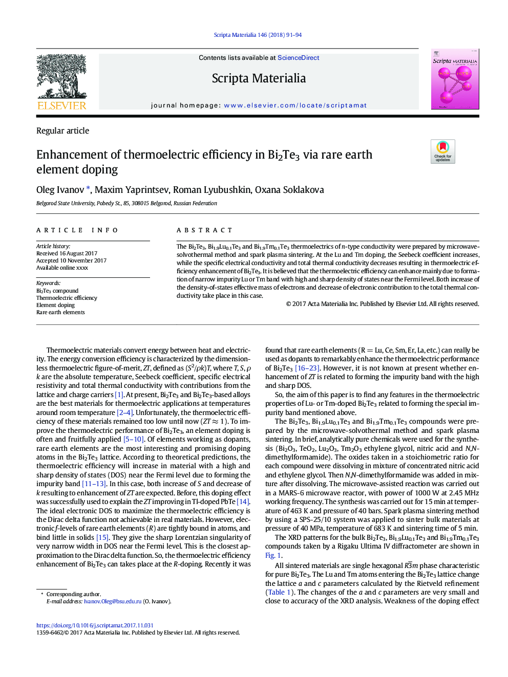 Enhancement of thermoelectric efficiency in Bi2Te3 via rare earth element doping