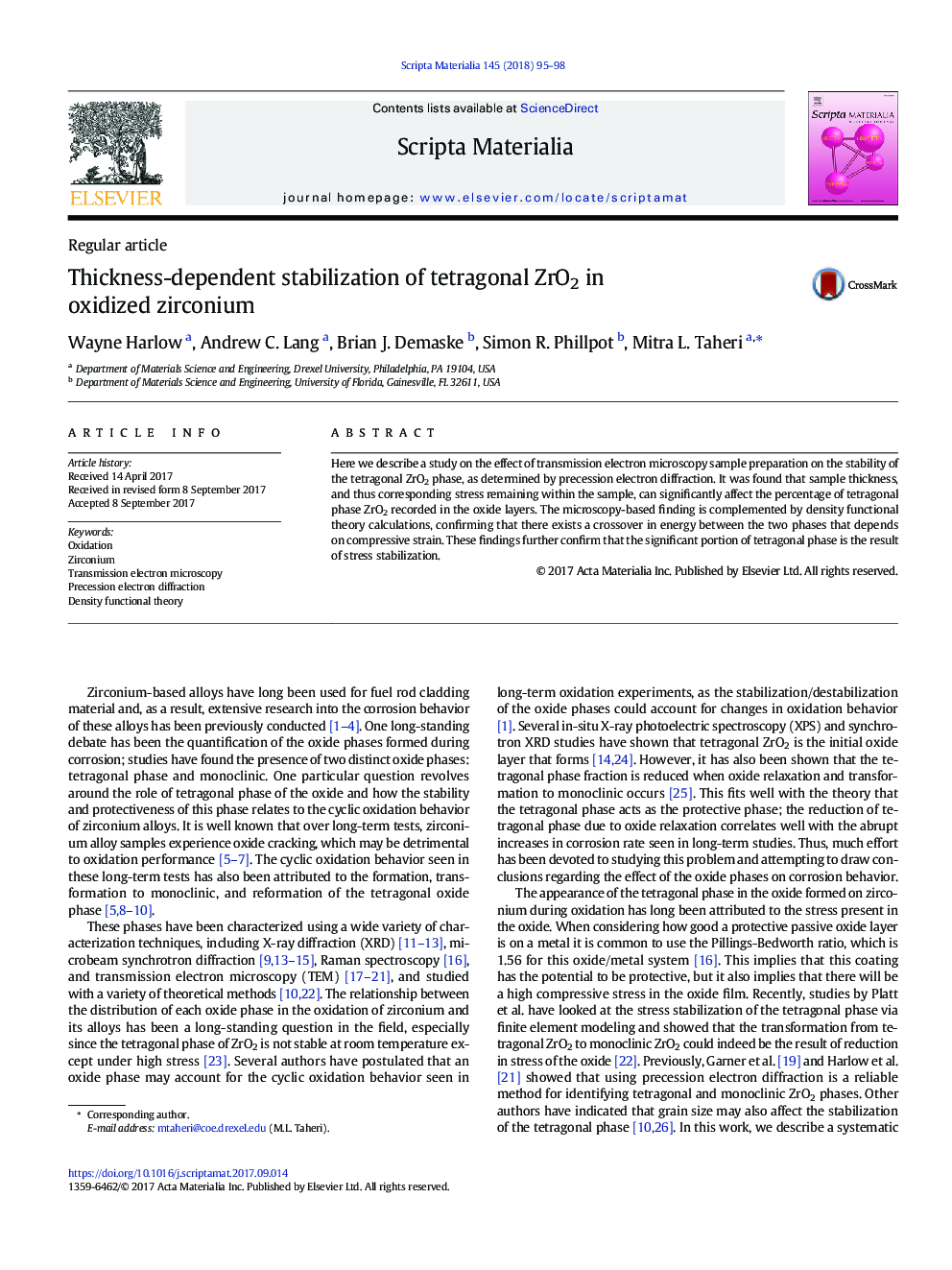 Thickness-dependent stabilization of tetragonal ZrO2 in oxidized zirconium