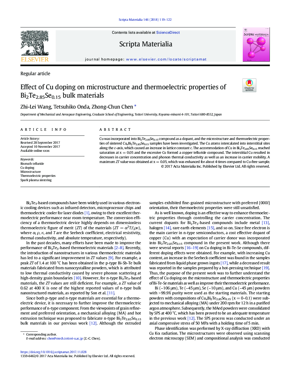 Effect of Cu doping on microstructure and thermoelectric properties of Bi2Te2.85Se0.15 bulk materials