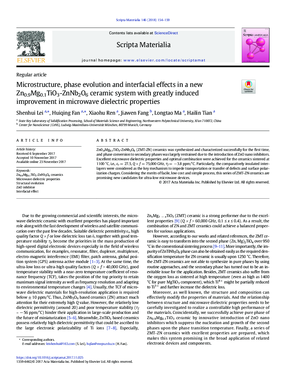 Microstructure, phase evolution and interfacial effects in a new Zn0.9Mg0.1TiO3-ZnNb2O6 ceramic system with greatly induced improvement in microwave dielectric properties