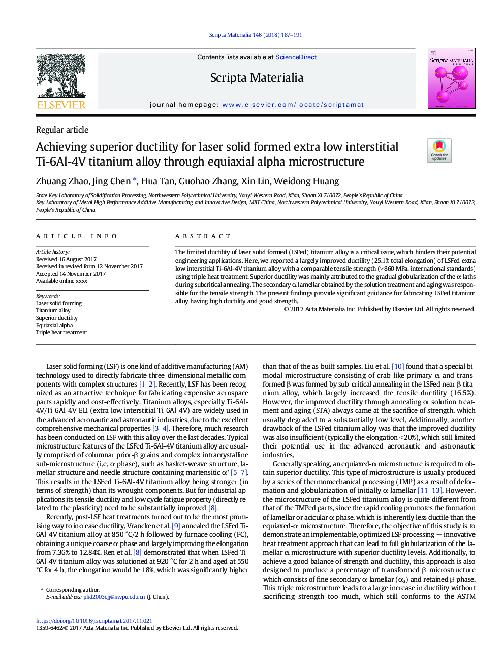 Achieving superior ductility for laser solid formed extra low interstitial Ti-6Al-4V titanium alloy through equiaxial alpha microstructure