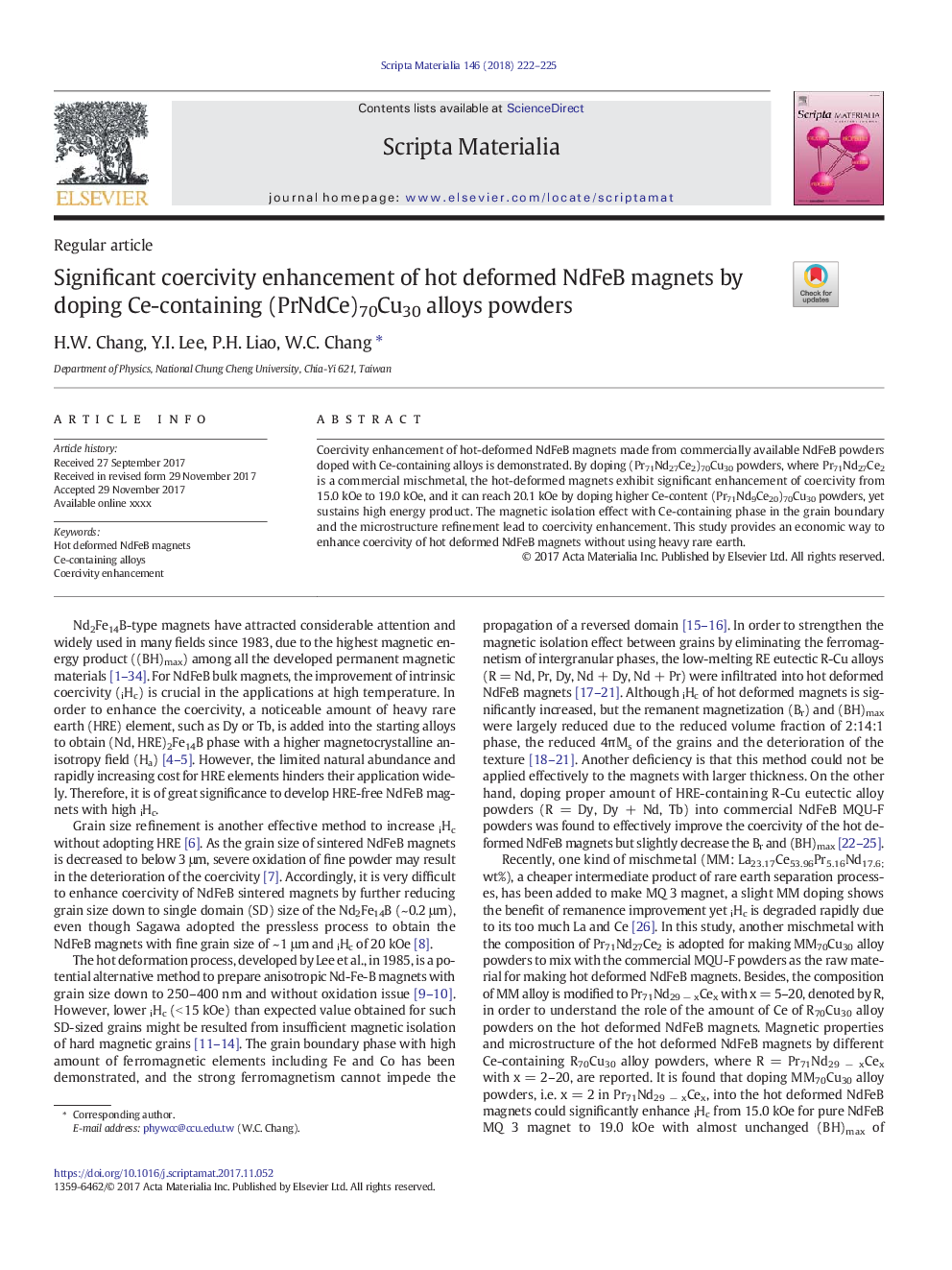 Significant coercivity enhancement of hot deformed NdFeB magnets by doping Ce-containing (PrNdCe)70Cu30 alloys powders