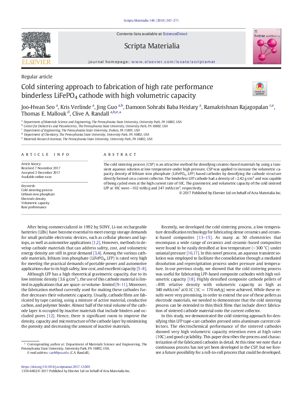 Cold sintering approach to fabrication of high rate performance binderless LiFePO4 cathode with high volumetric capacity