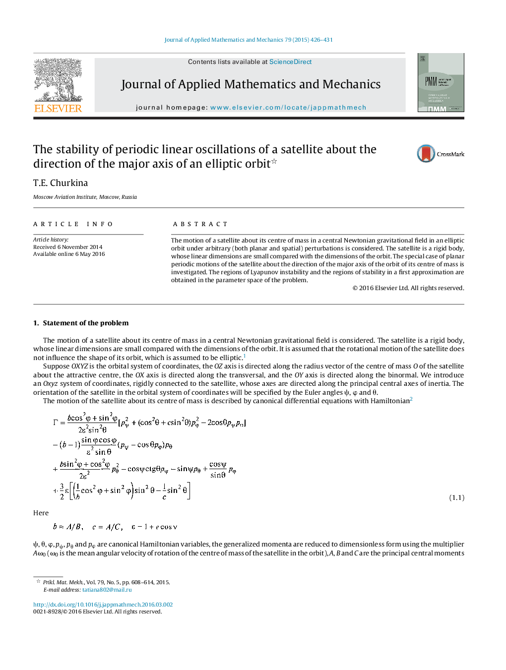 The stability of periodic linear oscillations of a satellite about the direction of the major axis of an elliptic orbit 