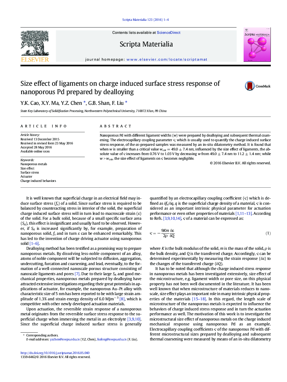 Size effect of ligaments on charge induced surface stress response of nanoporous Pd prepared by dealloying