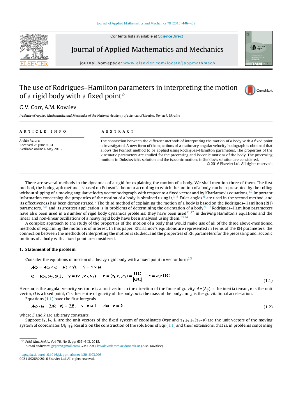 The use of Rodrigues–Hamilton parameters in interpreting the motion of a rigid body with a fixed point 