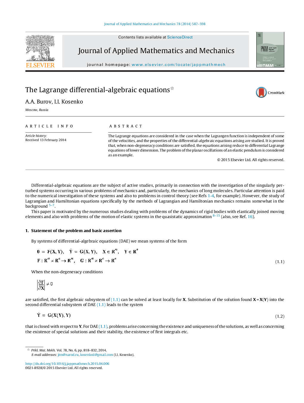 عکس صفحه اول مقاله: The Lagrange differential-algebraic equations The Lagrange differential-algebraic equations