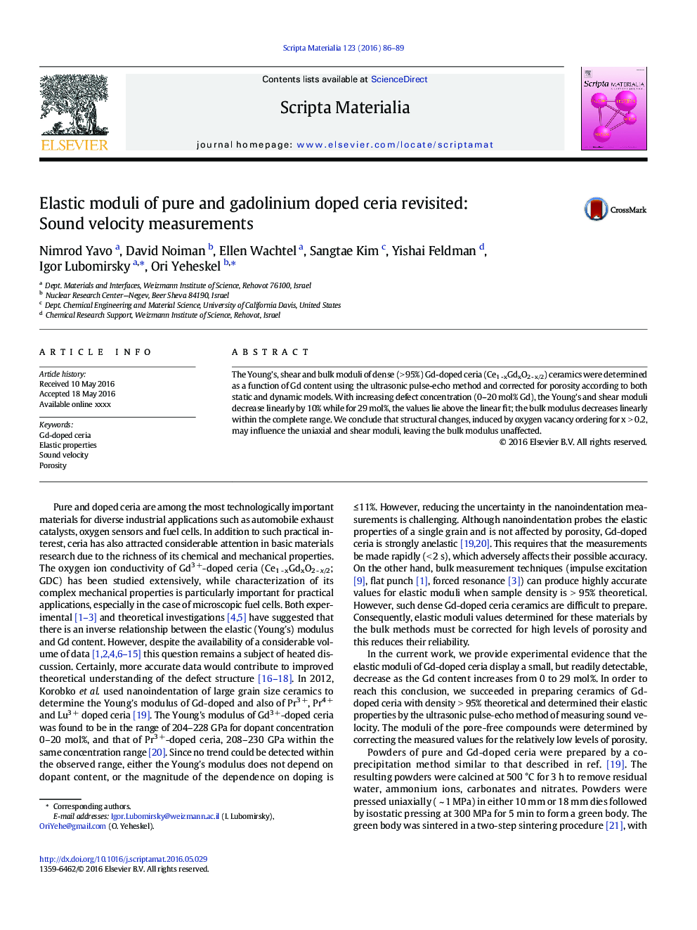 Elastic moduli of pure and gadolinium doped ceria revisited: Sound velocity measurements