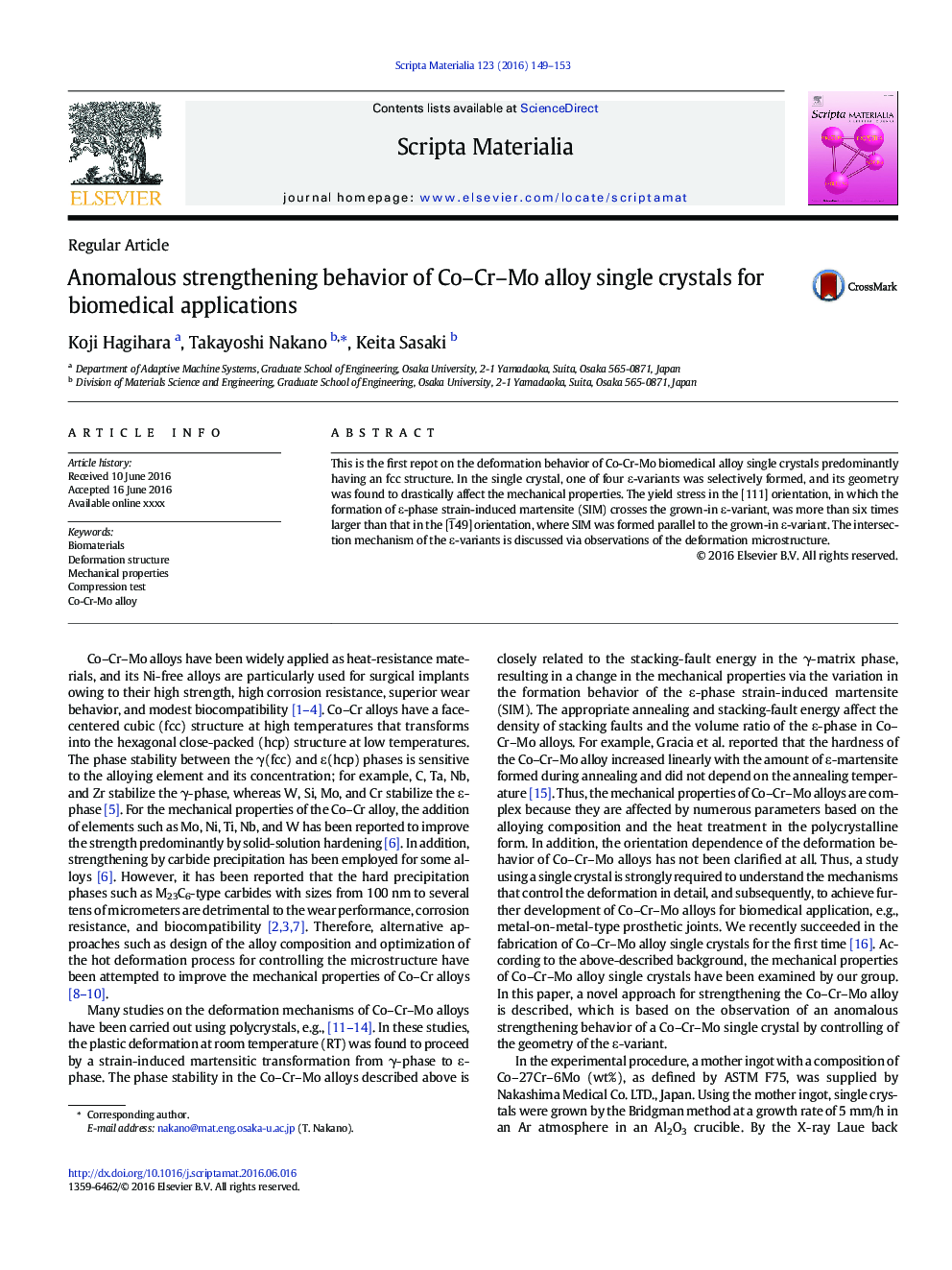 Anomalous strengthening behavior of Co-Cr-Mo alloy single crystals for biomedical applications