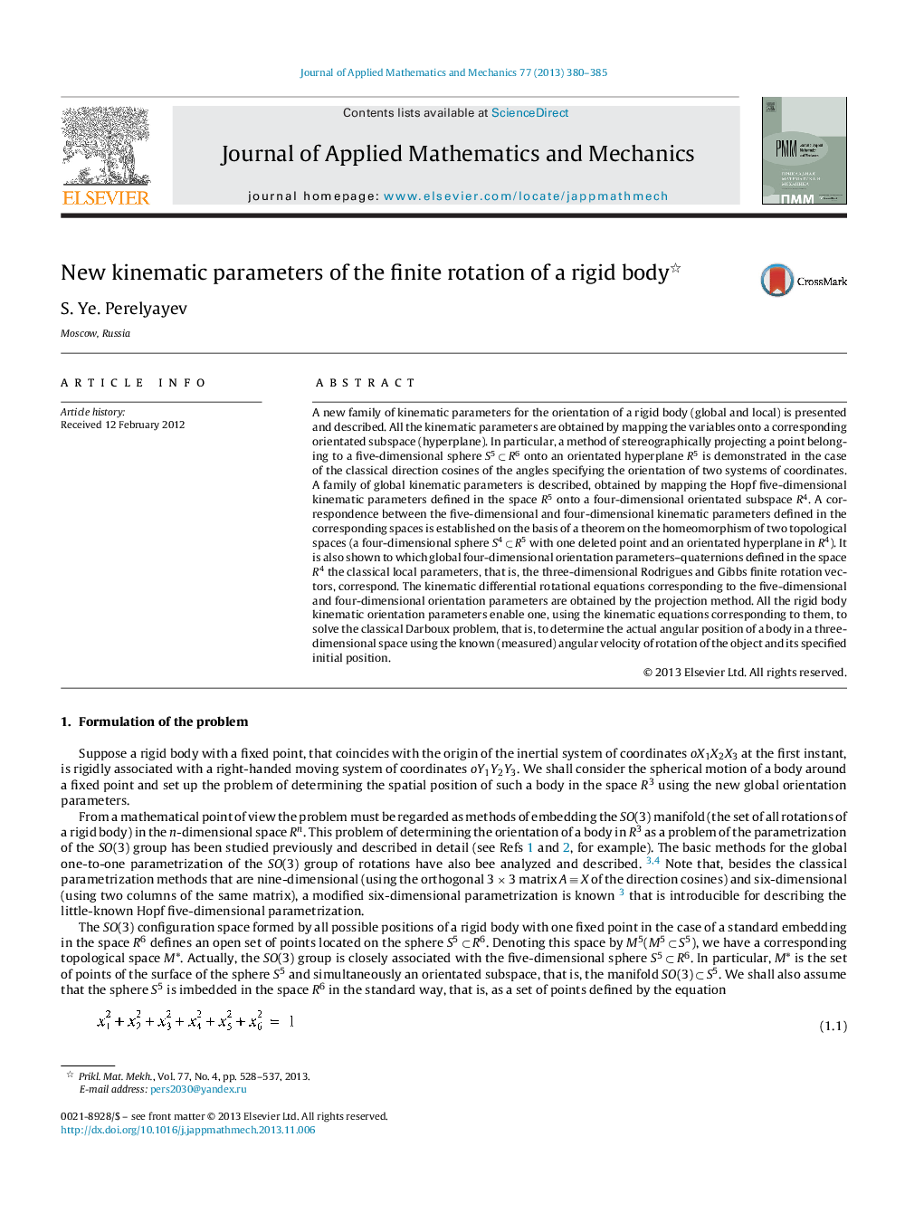 عکس صفحه اول مقاله: New kinematic parameters of the finite rotation of a rigid body New kinematic parameters of the finite rotation of a rigid body