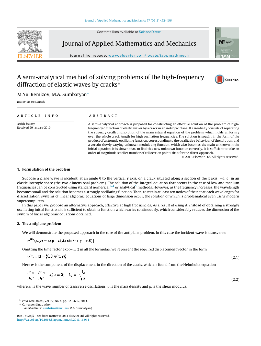 عکس صفحه اول مقاله: A semi-analytical method of solving problems of the high-frequency diffraction of elastic waves by cracks A semi-analytical method of solving problems of the high-frequency diffraction of elastic waves by cracks