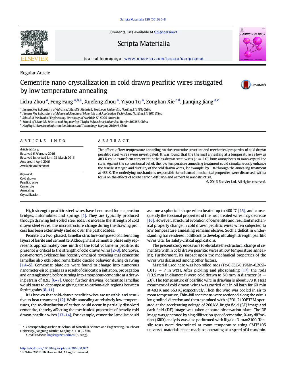 Cementite nano-crystallization in cold drawn pearlitic wires instigated by low temperature annealing