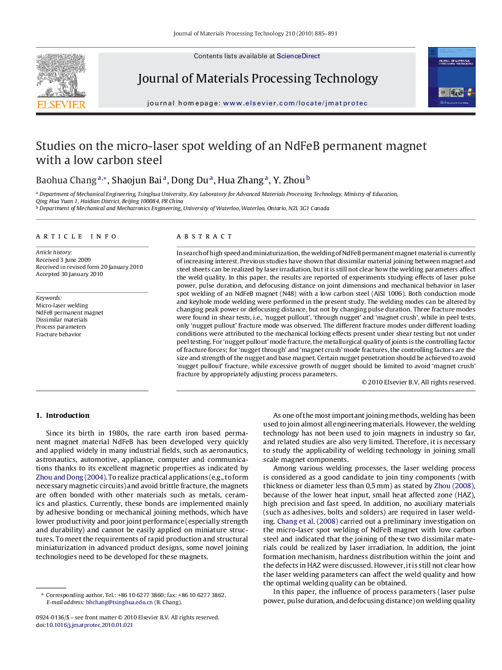 Studies on the micro-laser spot welding of an NdFeB permanent magnet with a low carbon steel