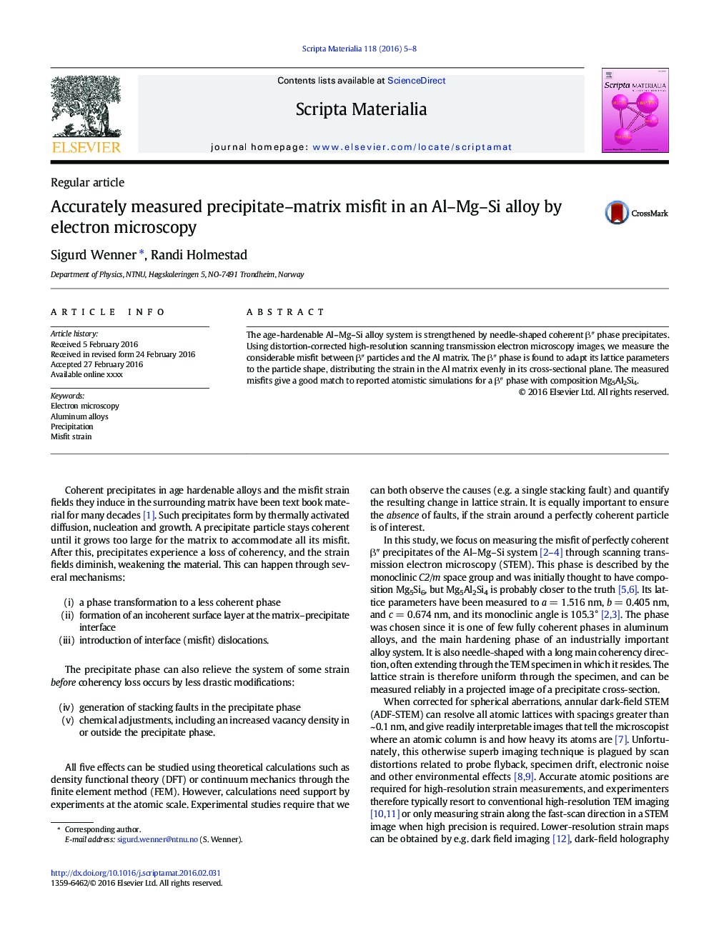 Accurately measured precipitate-matrix misfit in an Al-Mg-Si alloy by electron microscopy