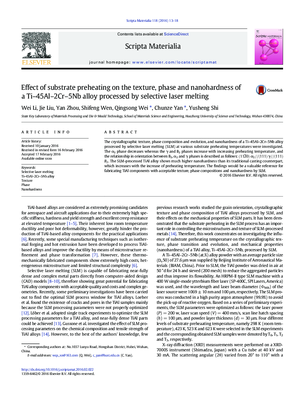 Effect of substrate preheating on the texture, phase and nanohardness of a Ti-45Al-2Cr-5Nb alloy processed by selective laser melting