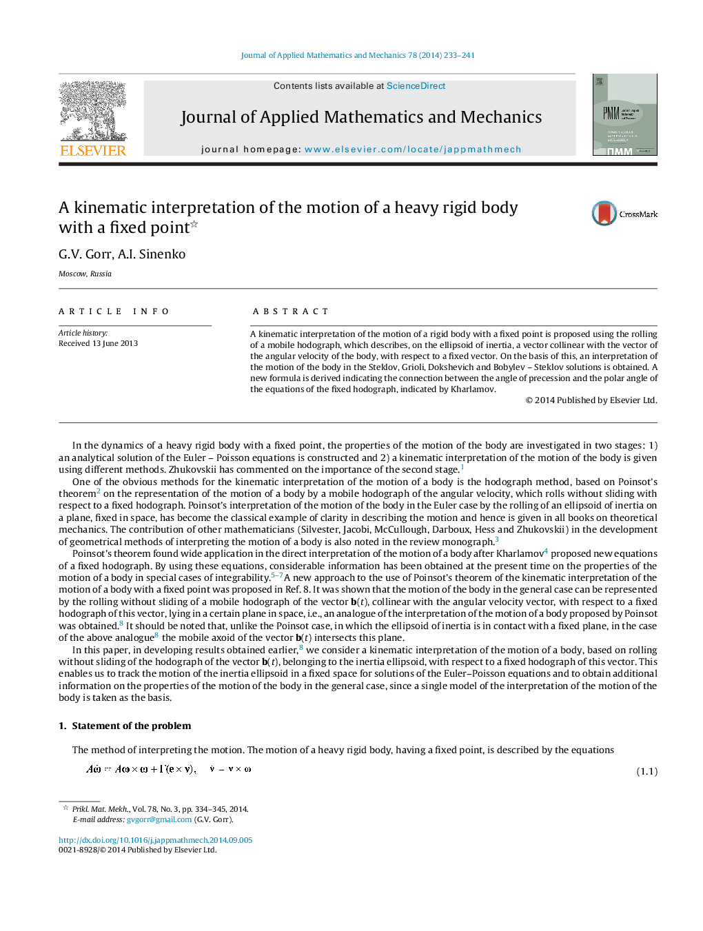 A kinematic interpretation of the motion of a heavy rigid body with a fixed point 