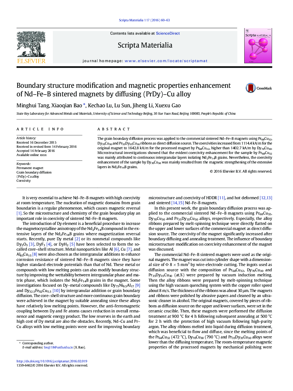 Boundary structure modification and magnetic properties enhancement of Nd-Fe-B sintered magnets by diffusing (PrDy)-Cu alloy