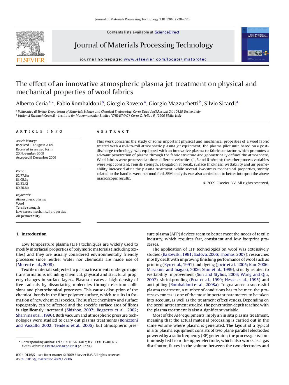 The effect of an innovative atmospheric plasma jet treatment on physical and mechanical properties of wool fabrics