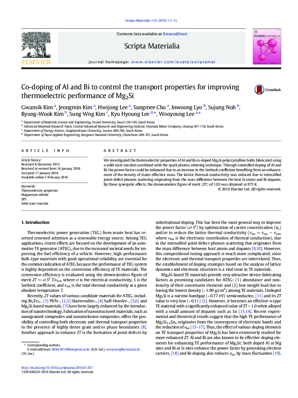 Co-doping of Al and Bi to control the transport properties for improving thermoelectric performance of Mg2Si