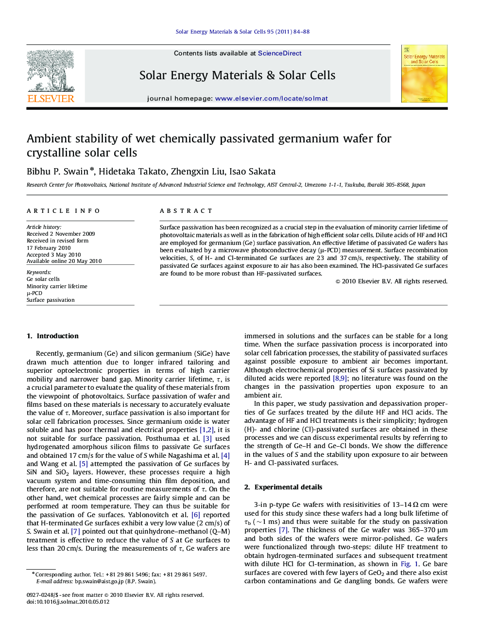 Ambient stability of wet chemically passivated germanium wafer for crystalline solar cells