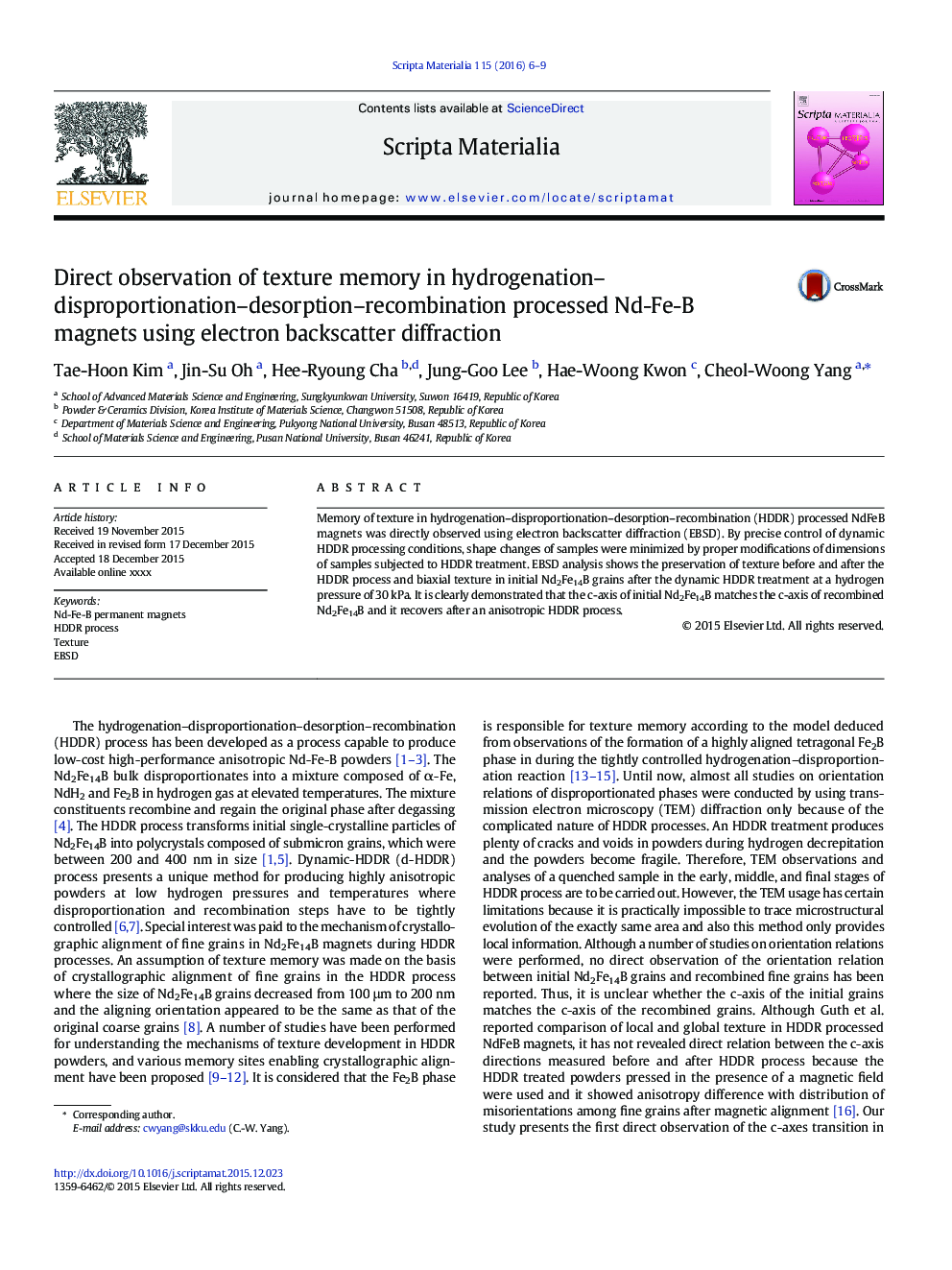 Direct observation of texture memory in hydrogenation-disproportionation-desorption-recombination processed Nd-Fe-B magnets using electron backscatter diffraction