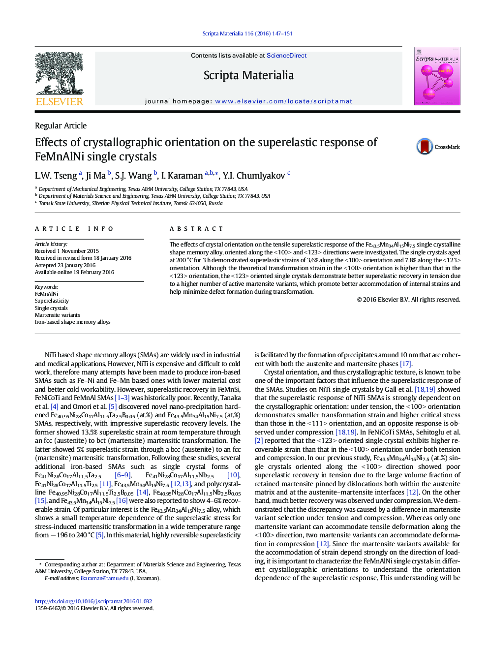 Effects of crystallographic orientation on the superelastic response of FeMnAlNi single crystals