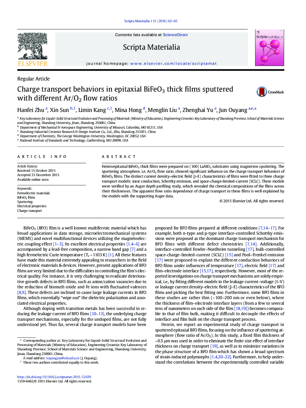 Charge transport behaviors in epitaxial BiFeO3 thick films sputtered with different Ar/O2 flow ratios