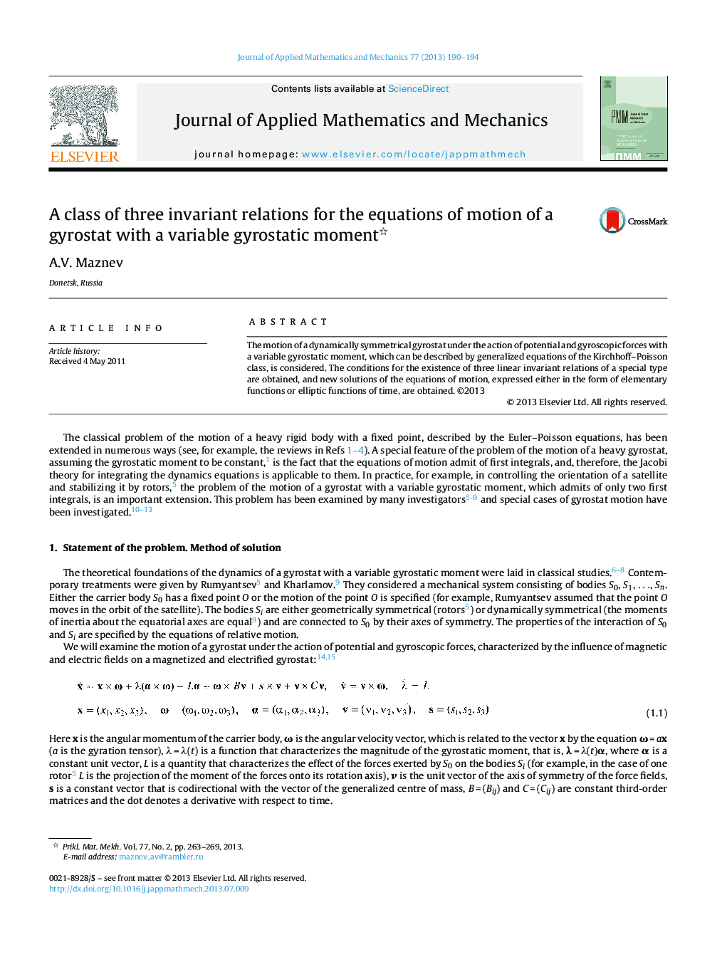 عکس صفحه اول مقاله: A class of three invariant relations for the equations of motion of a gyrostat with a variable gyrostatic moment A class of three invariant relations for the equations of motion of a gyrostat with a variable gyrostatic moment