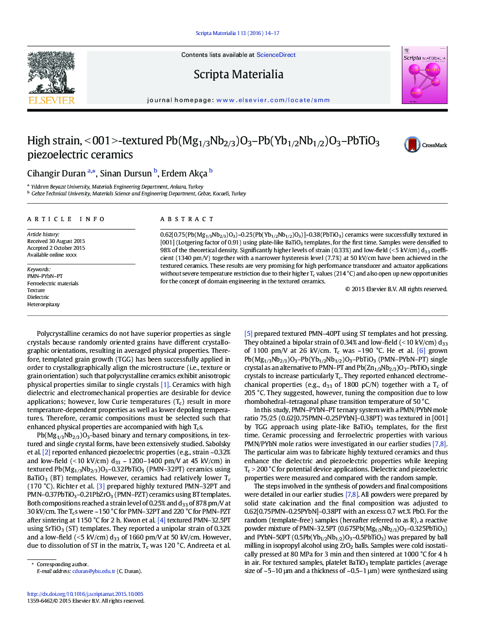 High strain, <Â 001Â >-textured Pb(Mg1/3Nb2/3)O3-Pb(Yb1/2Nb1/2)O3-PbTiO3 piezoelectric ceramics