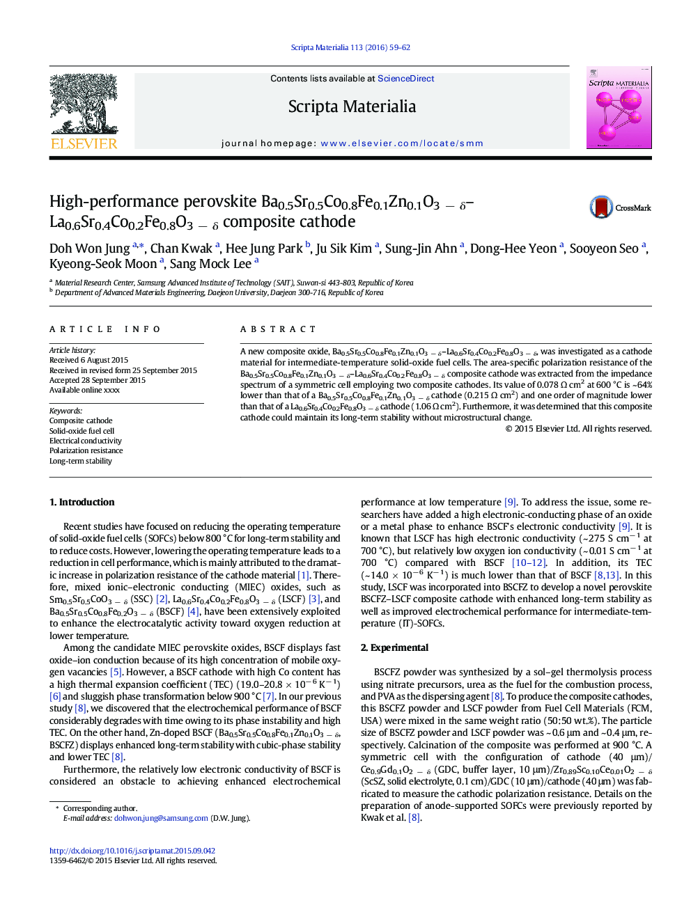 High-performance perovskite Ba0.5Sr0.5Co0.8Fe0.1Zn0.1O3Â âÂ Î´-La0.6Sr0.4Co0.2Fe0.8O3Â âÂ Î´ composite cathode