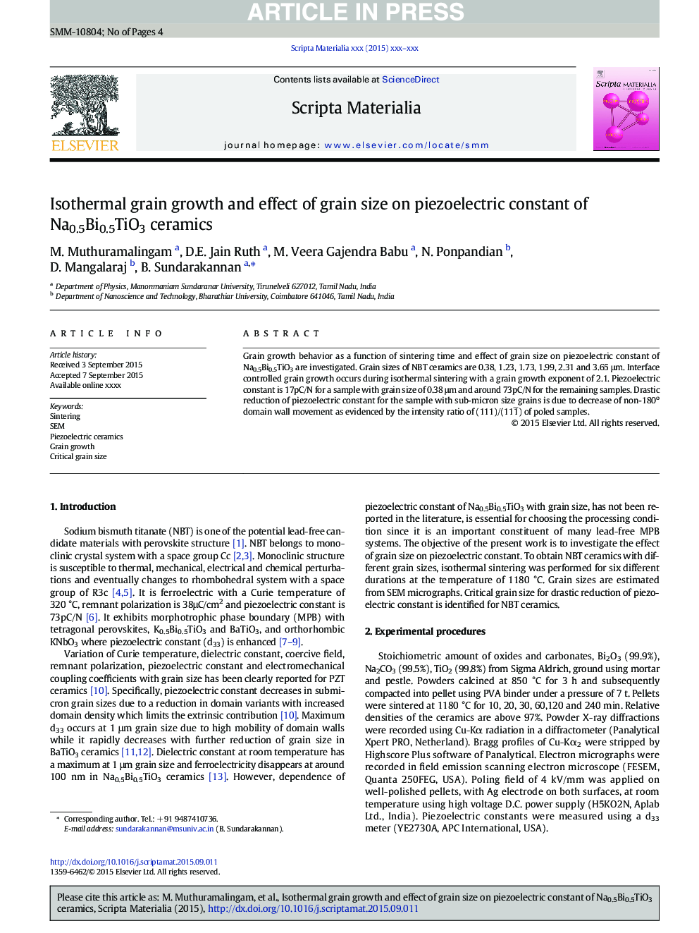 Isothermal grain growth and effect of grain size on piezoelectric constant of Na0.5Bi0.5TiO3 ceramics