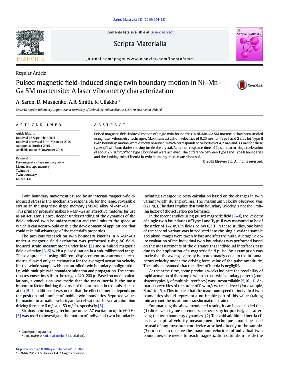 Pulsed magnetic field-induced single twin boundary motion in Ni-Mn-Ga 5M martensite: A laser vibrometry characterization