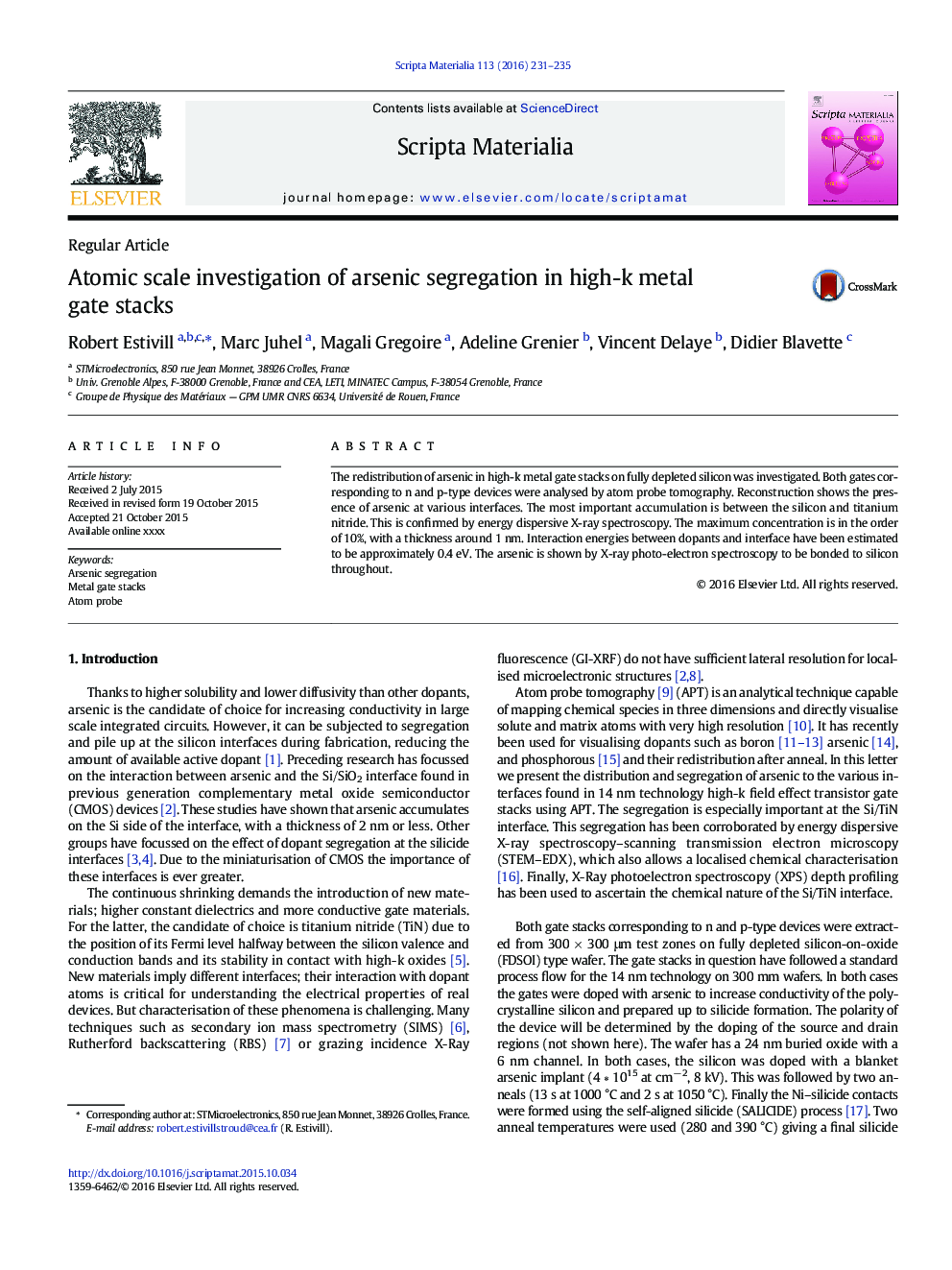 Atomic scale investigation of arsenic segregation in high-k metal gate stacks