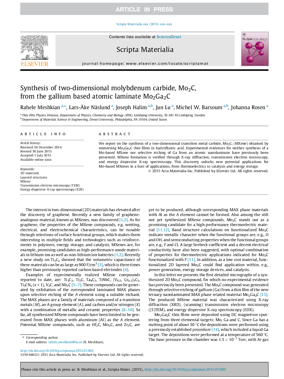 Synthesis of two-dimensional molybdenum carbide, Mo2C, from the gallium based atomic laminate Mo2Ga2C