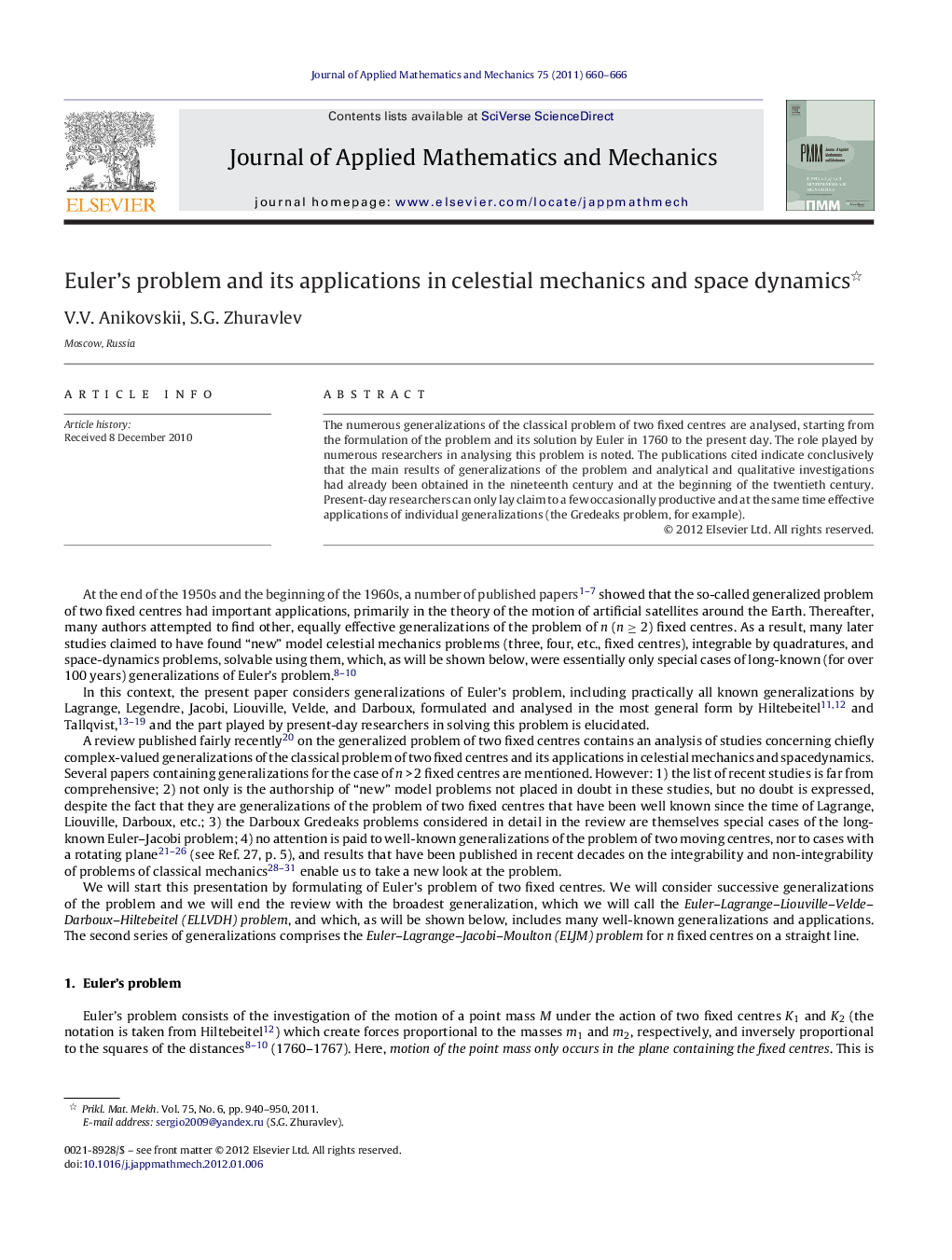 عکس صفحه اول مقاله: Euler's problem and its applications in celestial mechanics and space dynamics Euler's problem and its applications in celestial mechanics and space dynamics