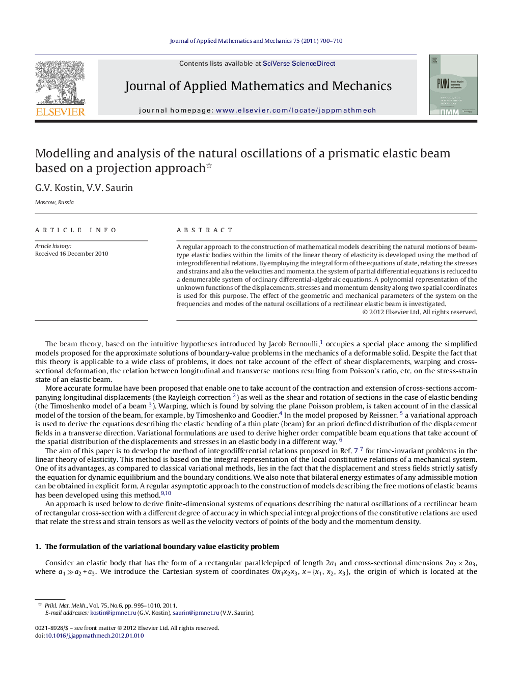 Modelling and analysis of the natural oscillations of a prismatic elastic beam based on a projection approach 