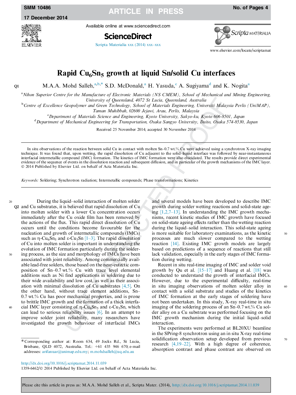 Rapid Cu6Sn5 growth at liquid Sn/solid Cu interfaces