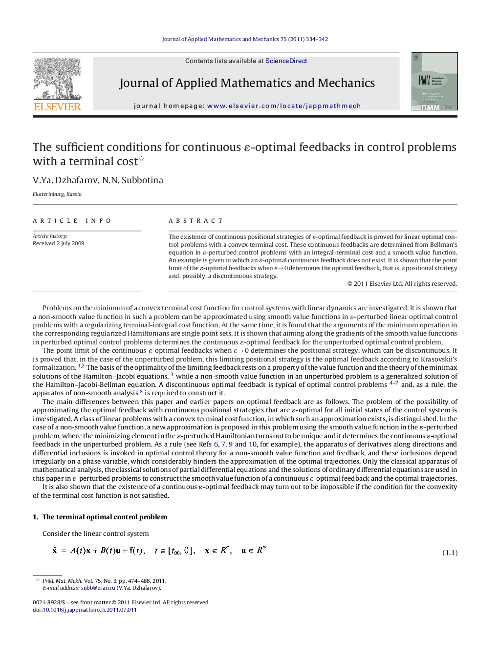 عکس صفحه اول مقاله: The sufficient conditions for continuous ɛ-optimal feedbacks in control problems with a terminal cost The sufficient conditions for continuous ɛ-optimal feedbacks in control problems with a terminal cost