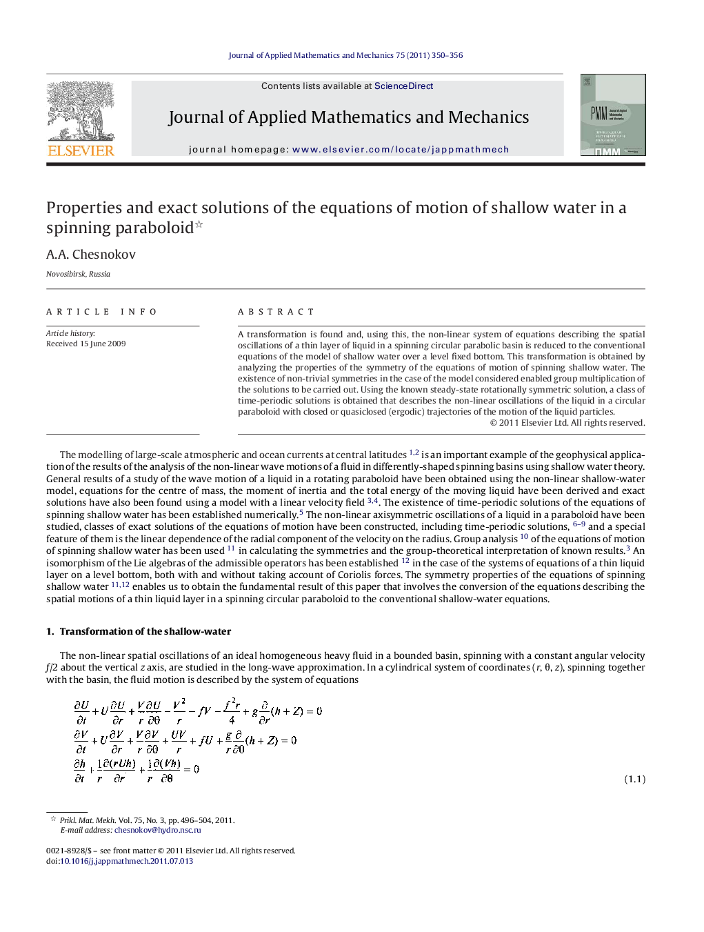 عکس صفحه اول مقاله: Properties and exact solutions of the equations of motion of shallow water in a spinning paraboloid Properties and exact solutions of the equations of motion of shallow water in a spinning paraboloid