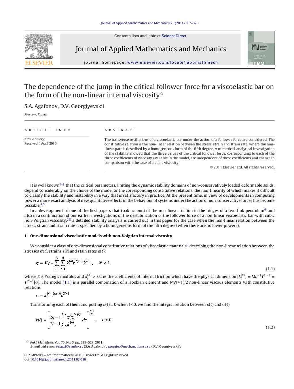 عکس صفحه اول مقاله: The dependence of the jump in the critical follower force for a viscoelastic bar on the form of the non-linear internal viscosity The dependence of the jump in the critical follower force for a viscoelastic bar on the form of the non-linear internal viscosity