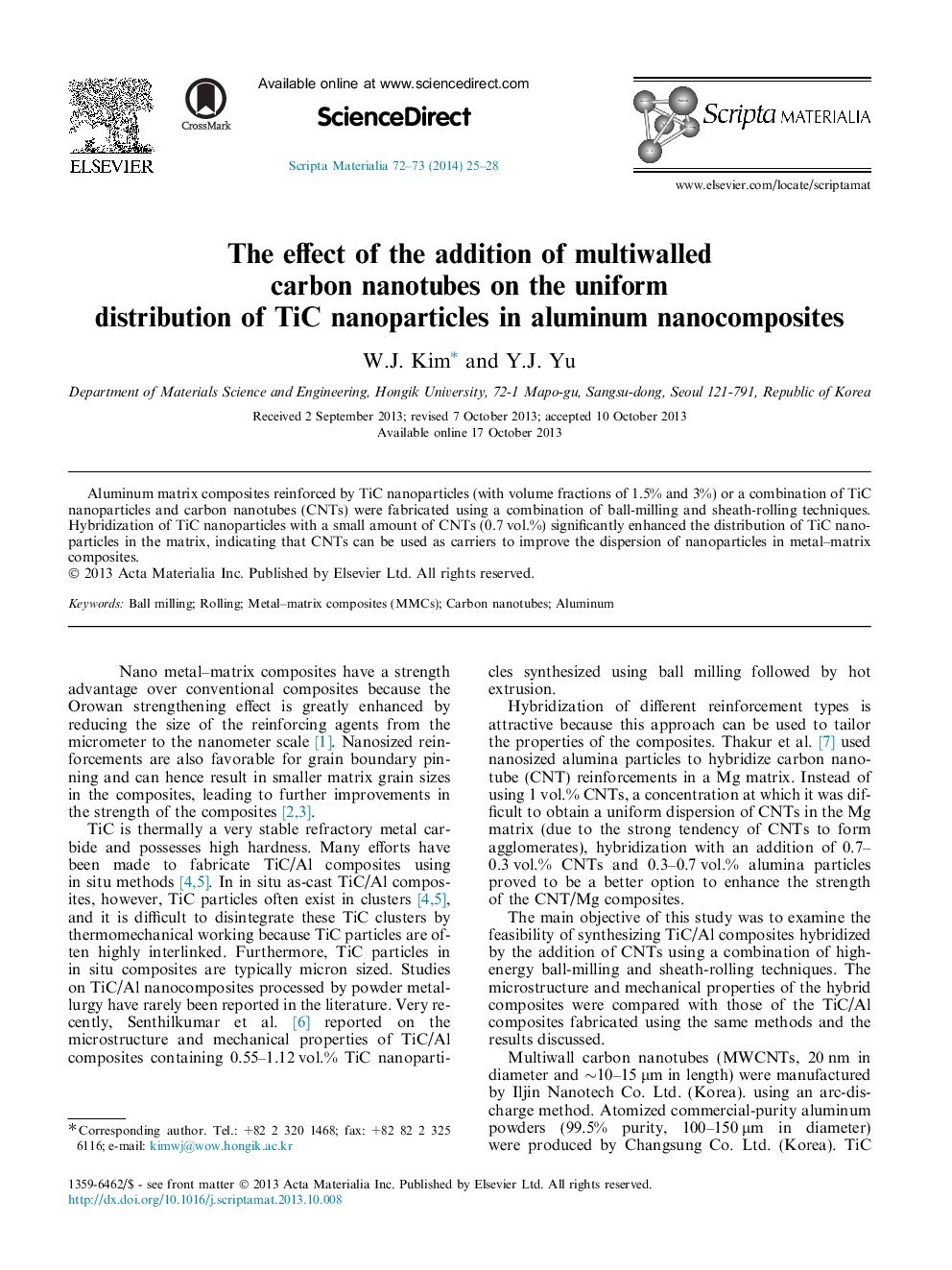 The effect of the addition of multiwalled carbon nanotubes on the uniform distribution of TiC nanoparticles in aluminum nanocomposites