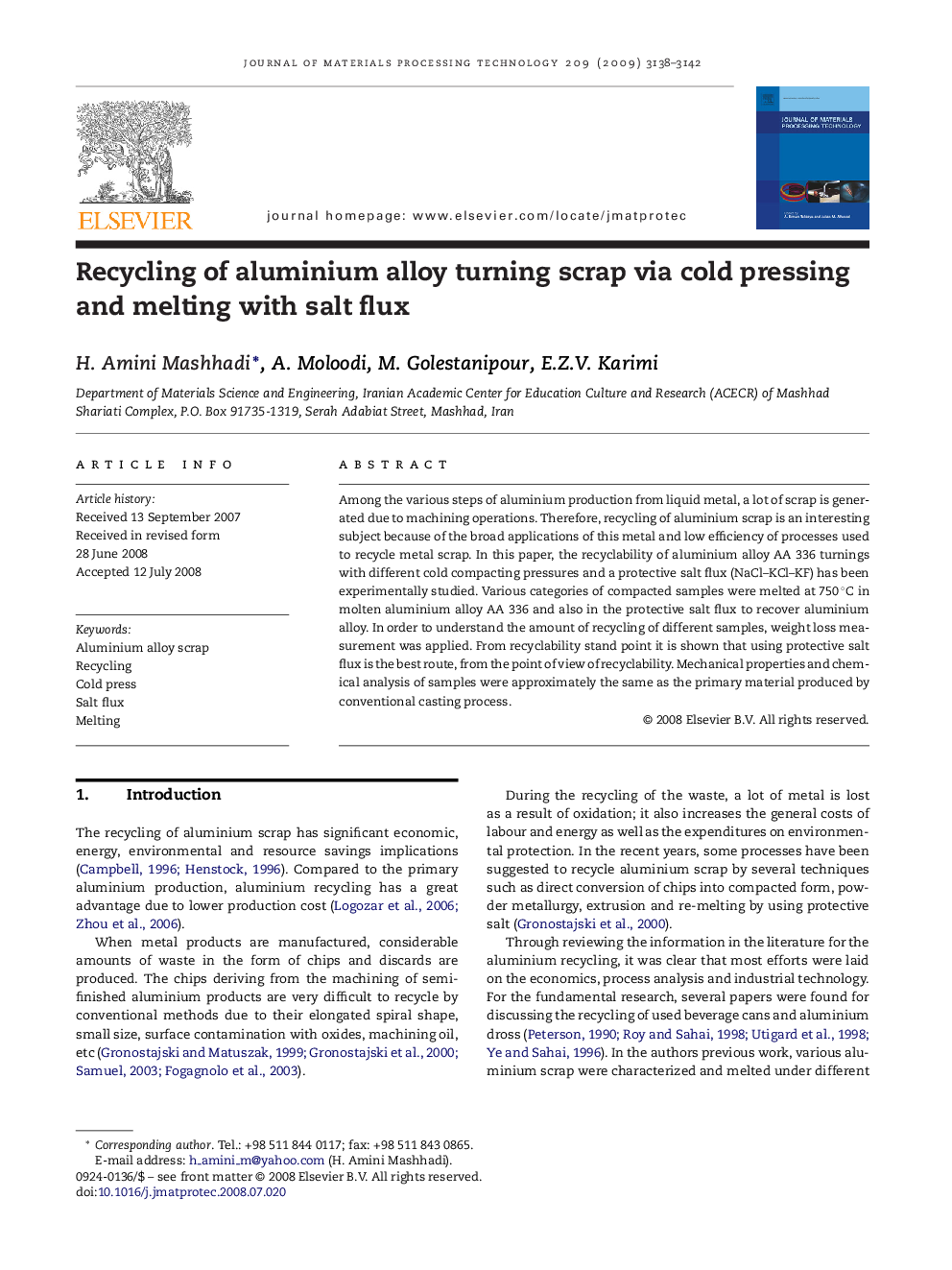 Recycling of aluminium alloy turning scrap via cold pressing and melting with salt flux